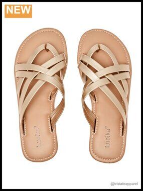 Wide Width Strappy Slide Sandals with Faux Leather X-Strap and Flat Heel